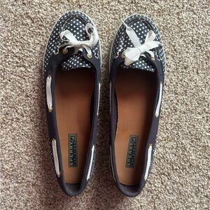 Sperry Top-Sider navy blue & white polka dots with white bow, womens size 9